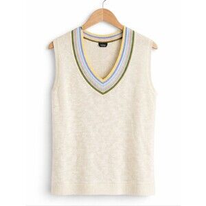 Talbots Linen Cotton Sleeveless V Neck Ivory Pastel Trimmed Preppy Sweater Vest